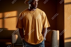 Man wearing mustard t shirt and hat image Product Image 1