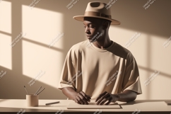 Man wearing hat and t shirt at desk image Product Image 1