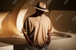 Man wearing tan t shirt and hat image Product Image 1