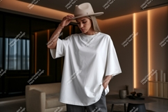Woman wearing white oversized t shirt and hat image Product Image 1