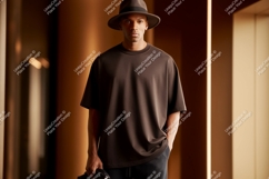 Man wearing brown t shirt and hat image Product Image 1