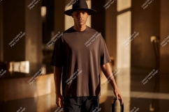 Man wearing brown t-shirt and hat fashion Product Image 1