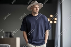 Man wearing navy t-shirt and hat casual Product Image 1