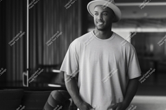 Man wearing light colored t shirt and hat t-shirt black Product Image 1