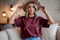 Woman wearing maroon t shirt and hat image Product Image 1
