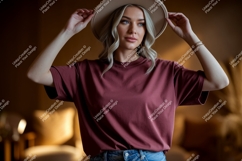 Woman wearing maroon t shirt and hat image Product Image 1