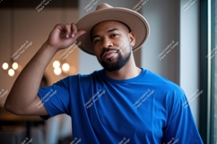 Man wearing hat and blue t-shirt fashion Product Image 1