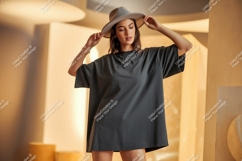 Woman wearing black t shirt and hat image Product Image 1