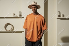 Man wearing orange t shirt and hat image Product Image 1