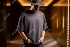 Man wearing dark grey t shirt and hat image Product Image 1