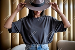 Woman wearing grey t-shirt and hat denim Product Image 1