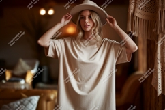 Woman wearing neutral t shirt and hat image Product Image 1