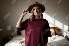 Woman wearing maroon t shirt and brown hat image Product Image 1