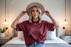 Woman wearing maroon t shirt and hat t-shirt blonde Product Image 1