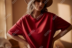 Woman wearing red t shirt and hat image Product Image 1