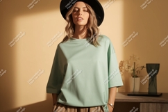 Woman wearing mint green t shirt and black hat image Product Image 1