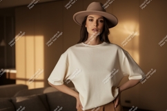 Woman wearing cream t-shirt and brown hat Product Image 1