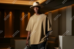 Man wearing tan t shirt and hat t-shirt fashion Product Image 1