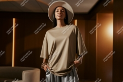 Format: Title: Woman wearing oversized t-shirt and hat Product Image 1