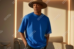 Man wearing blue t shirt and hat t-shirt fashion Product Image 1