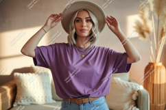 Woman wearing purple t shirt and hat t-shirt casual Product Image 1