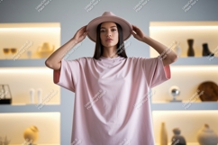 Woman wearing pink shirt and hat fashion Product Image 1