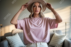 Woman wearing pink t shirt and hat image Product Image 1