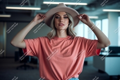 Woman wearing coral t shirt and beige hat image Product Image 1
