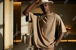 Man wearing beige t-shirt and hat fashion Product Image 1