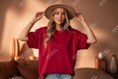 Woman wearing coral t shirt and hat t-shirt fashion Product Image 1