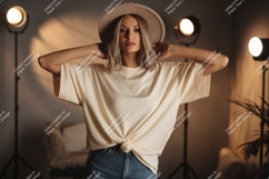 Woman wearing cream t shirt and hat image Product Image 1