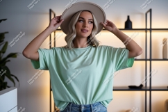 Woman wearing mint t shirt and hat mockup Product Image 1