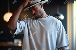 Man wearing light grey t-shirt and hat fashion Product Image 1