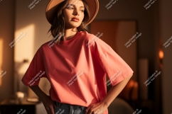 Woman wearing coral t shirt and hat image Product Image 1