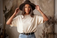 Woman wearing cream t shirt and brown hat Product Image 1