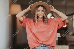 Woman wearing coral t shirt and hat image Product Image 1