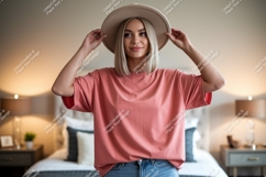 Woman wearing pink t shirt and hat image Product Image 1