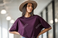 Woman wearing plum t shirt and tan hat image Product Image 1