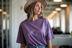 Woman wearing purple t shirt and hat image Product Image 1