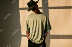 Man wearing hat and t-shirt green black Product Image 1