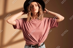 Woman wearing pink t shirt and black hat image Product Image 1