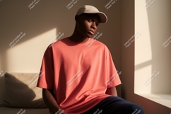 Young man wearing coral t shirt and cap image Product Image 1