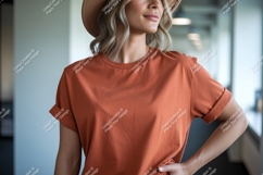 Woman wearing terracotta t shirt and hat t-shirt fashion Product Image 1