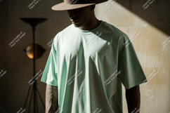 Man wearing mint green t shirt and hat image Product Image 1