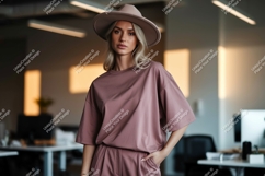 Woman wearing oversized t shirt and hat fashion Product Image 1