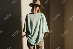 Woman wearing oversized mint t-shirt and hat image Product Image 1