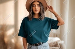 Woman wearing teal t shirt and hat image Product Image 1