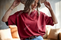 Woman wearing red t shirt and hat image Product Image 1