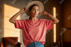 Woman wearing coral t shirt and hat image Product Image 1