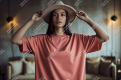 Woman wearing coral t shirt and beige hat image Product Image 1